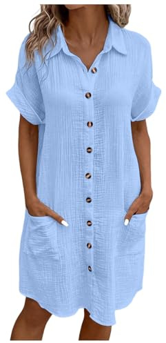 Vestito Donna Estivo Abiti Estivi Abito Camicione da Fresco Leggero Elegante Copricostume Mare Vestitini Vestiti Spiaggia Lunghi Primaverile Vestitino Prendisole Casa Cotone Corti Curvy Camicia,Blu,S