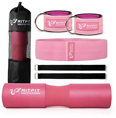 RitFit 7 Pcs Barbell Squat Pad Set, with Resistance Band, 2 Safety Straps, 2 Gym Ankle Straps & Carry Bag, Upgraded Neck & Shoulder Protective Pad Support for Squats, Lunges & Hip Thrust (Pink/Black)