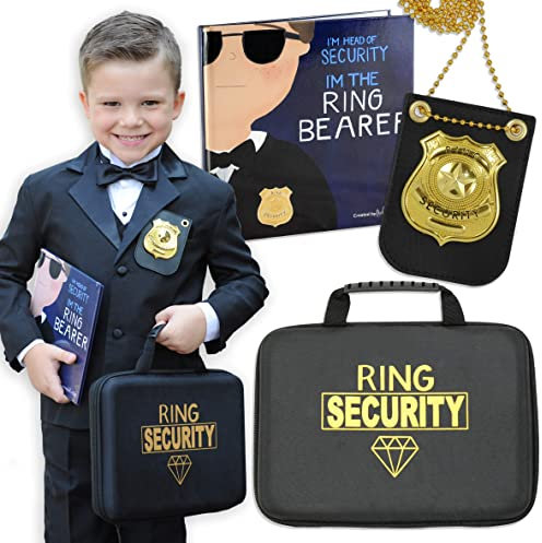 Tickle & Main Ring Bearer Proposal Gift Set - Youth S/M, Ages 4 & Up, Black Polyester - Includes Storybook, Leather Badge & Security Briefcase - Kids Ring Bearer Gifts