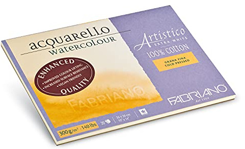 Fabriano Artistico Acquarello Watercolour, extra weiß, Feinkorn cold pressed, 26 x 36 cm, 20 Blatt 300 g/m², hochwertiger Künstler-Aquarellkarton, Block 4-seitig geleimt, vegan