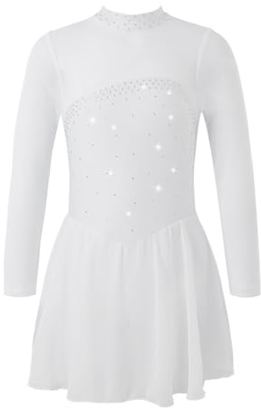 ranrann Justaucorps Robe Patinage Artistique Fille Manche Longue Strass Robe Danse Gymnastique Sport Brillant Costume Spectacle 4-16 Ans Blanc 12 Ans