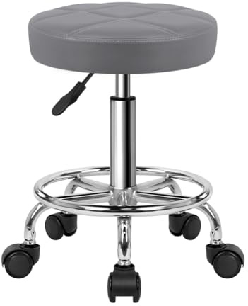 KKTONER Round Rolling Stool Chair PU Leather Height Adjustable Swivel Drafting Work SPA Shop Salon Stools with Wheels Office Chair Small (Gray)