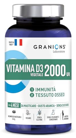 Granions Vitamina D3 2000 Ui, Capitale dell'immunità e delle ossa, Fonte vegetale derivata da licheni, 30 compresse masticabili, Vegetariani e donne in gravidanza