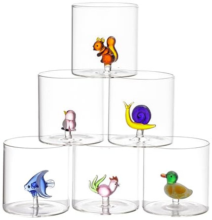 Baroni Home Set de 6 Verres en Verre Borosilicate de 32 cl, Verres Transparents avec Animaux Colorés Assorties, Verres de Table Lavables au Lave-vaisselle, 8 x 8 x 8,5 cm, Animaux