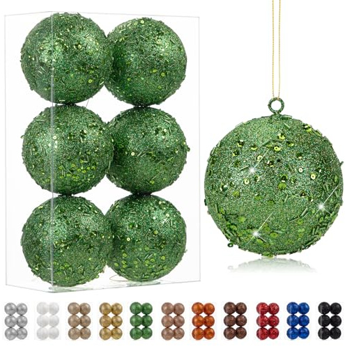 Oairse Adornos de bolas de Navidad grandes de 10 cm 6 piezas inastillables grandes bolas de Navidad verdes para árbol de Navidad con purpurina, adornos para Halloween, vacaciones, fiestas de boda