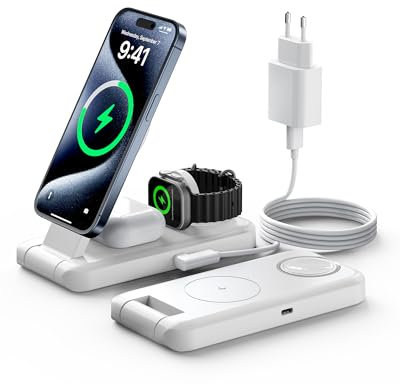 Cargador inalámbrico Plegable 3 en 1, 15W mag Safe estación de Carga inductiva para Las Series de iPhone 15/14/13/12, el Apple Watch y los AirPods, con Adaptador USB-C (Blanco)