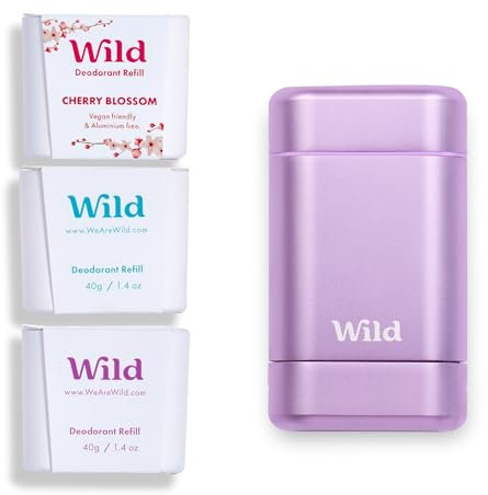 Wild - Purple Case with Refill Variety Pack (3 x 40g) - Natural Refillable Deodorant - Aluminium Free - Includes Fresh Cotton & Sea Salt, Cherry Blossom and Coconut & Vanilla Scents - Vegan