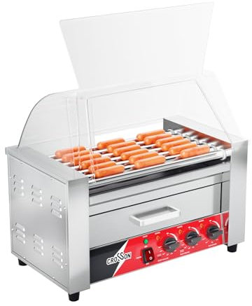 CROSSON 2 IN 1 Hot Dog Machine 7 Rouleaux avec Couvercle Visuel,1350W Machine à Hot Dog Professionnel avec Chauffe-pain en Acier Inoxydable,Double Contrôle de Température(espace pour 18 saucisses)