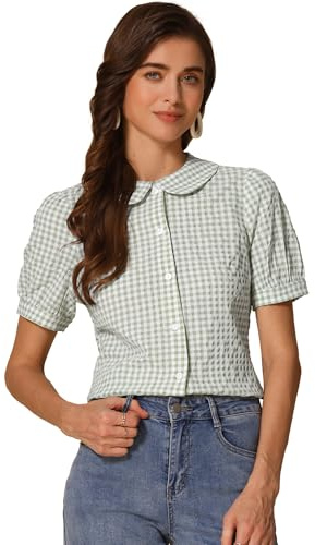 Allegra K Women Peter Pan Collar Plaid Puff Short Sleeve Blouses