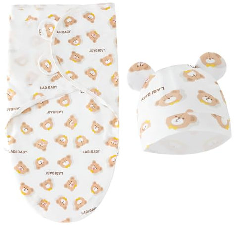 ISAKEN Pucksack Baby 0–6 Monate, Newborn Swaddle Decke Hut Set, Baby Schlafsack mit Mütze, Pucksack aus Baumwolle für Neugeborene, Einstellbar Schlafsack für 0-3 Monate Mädchen Jungen