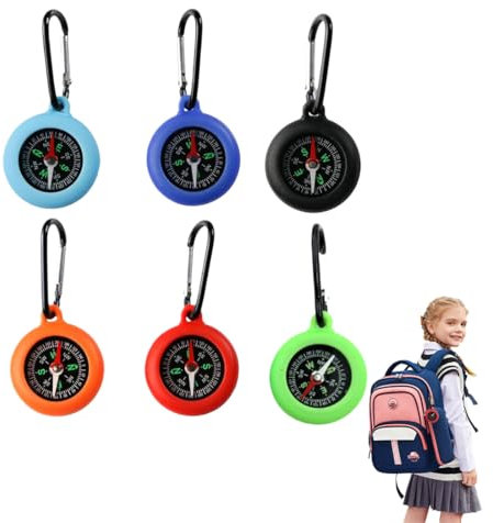 WRQIOO 6 Stück Kompass Kinder, Multi-Farbe Kinder Mini Kompass, Kompass Kinder Outdoor, Mini Überleben Kompass mit Tragbar Karabinerhaken für Outdoor Führer Kindergeschenke