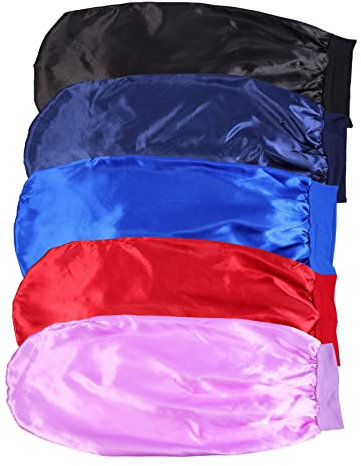 CALLARON 5pcs Long Satin Sleep Caps Elastic Hair Protectors Wide-brimmed Sleeping Bonnets for Women Multi-color Set Black Navy Wine Purple Blue