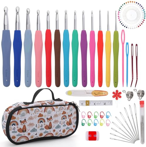 Crochetbox Crochet Hooks Set, 13 Size 2mm-10mm Ergonomic Handles Crochet Hooks with Case for Arthritic Hands, Kintting Needle with Crocheting Tool for Crocheters