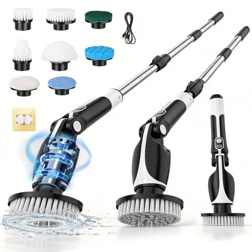 Spazzola Rotante Pulizia Casa, Spazzola Elettrica per Pulizia con 8 Testine Sostituibili & Spazzolone WC, 2 Velocità di Rotazione e Manico Allungabile Regolabile per Bagno/Cucina/Auto