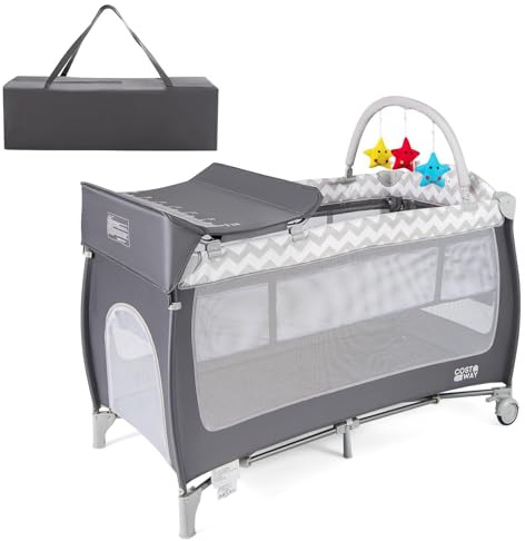 COSTWAY 4 in 1 Foldable Travel Cot, Portable Baby Bed Playard with Bassinet, Changing Table, 3 Hanging Toys, Lockable Wheels & Carry Bag, Infants Nursery Center Crib for Newborn (Grey)