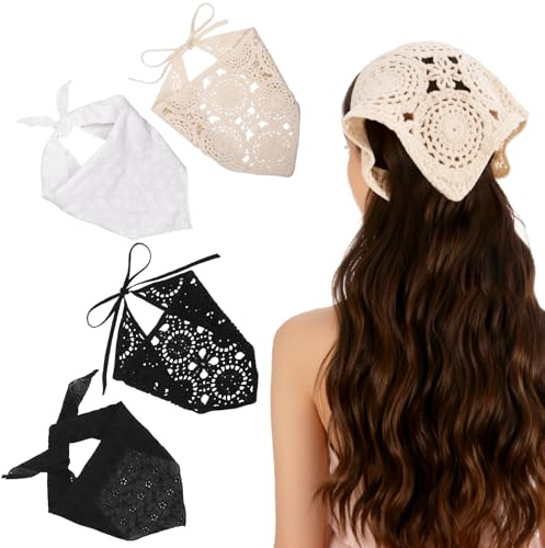 JATEBI 4 Pcs Floral Lace Hair Bandanas Head Kerchief Women Boho Knitted Bandanas Hair Scarf Triangle for Summer Beach,Vacation,Daily(Black, white,beige)