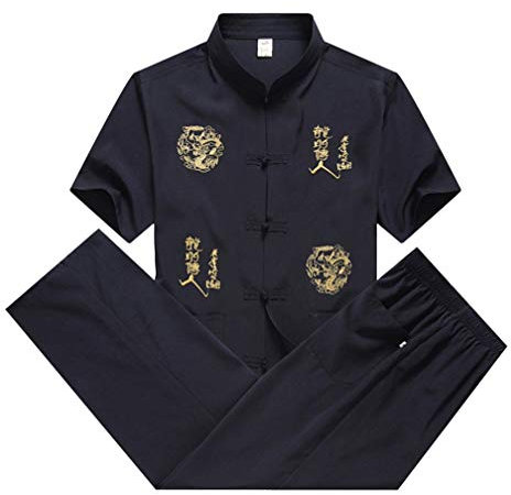 Herren Chinesische Tradition Kostüm Tang-Anzug Tai Chi Uniform Kung Fu Kurze Ärmel Shirts + Hose Navy 43