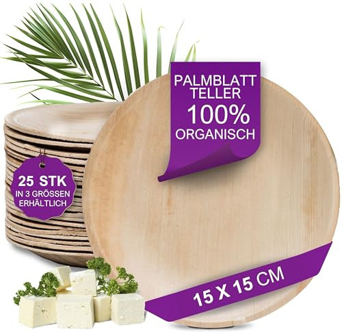 Waipur 25 Platos Desechables de Hoja de Palma Orgánicos - Redondo Ø 15 cm - Vajilla Ecológica Elegante - Estable, Natural y Compostable - Menaje para Fiestas o Cocktail
