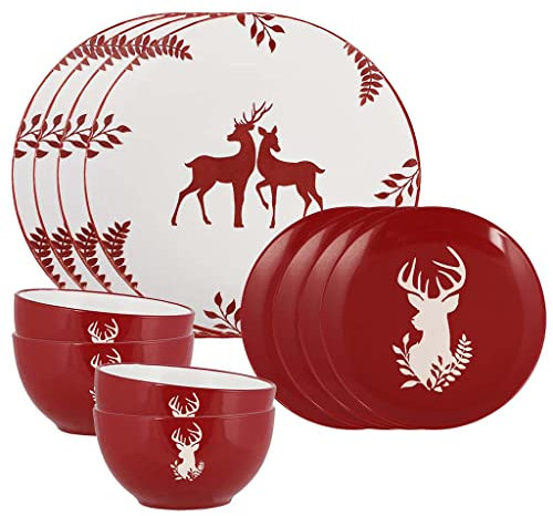 Christmas Dinner Set 12 Piece Dishwasher Microwave Safe Reindeer Crockery Set