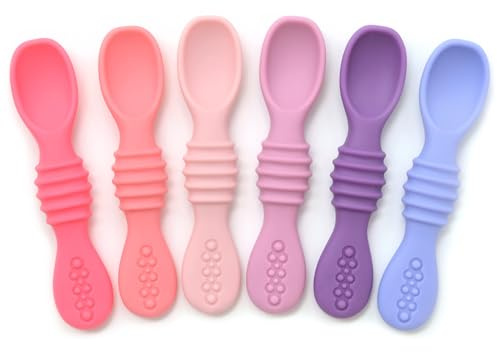 PrimaStella Silicone Chew Spoon Set for Babies and Toddlers - Safety Tested - BPA Free - Microwave, Dishwasher and Freezer Safe - Rosy Shades