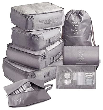 Koffer Organizer Packwürfel Set 8-teilige, Multifunktionale Travel Gep Set Wasserdichte Packtaschen Schuh-Aufbewahrungsbeutel für Urlaub, Reisen (Grau)