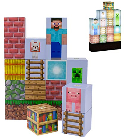 Paladone Minecraft karaktär bygglampa – 16 omställbara ljusblock och gräsbas, bygg din egen nivå