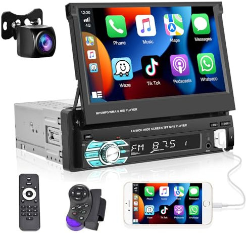 Autorradio Podofo 1 DIN para Coche con A-pple CarPlay y Android Auto, Pantalla Retráctil HD de 7 Pulgadas, Manos Libres Bluetooth, Radio FM, SWC, Mirror Link, USB y Cámara de Visión Trasera AHD