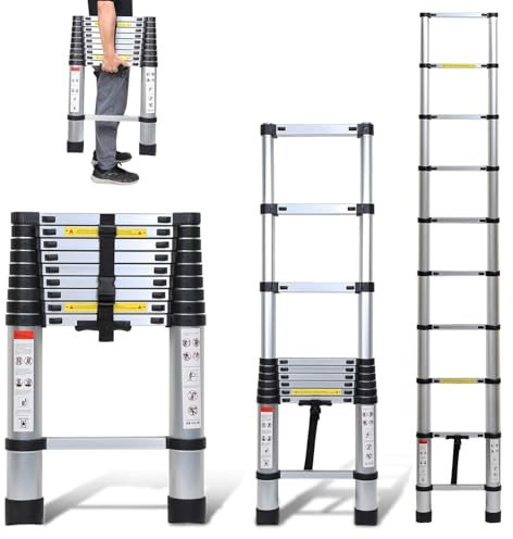 Escalera telescópica de Aluminio con Gancho extraíble, Cecaylie 2,6 m, Escalera Extensible, Escalera de Aluminio Antideslizante, Escalera de pie Multiusos Extensible, Carga de 150 kg