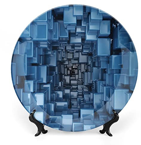 Decorative Plates, Abstract Decor Print Ornament, Digital Style Dimensional Square Cubes Glossy, 8 Inch, 1 Plate with 1 Display Stand, Blue