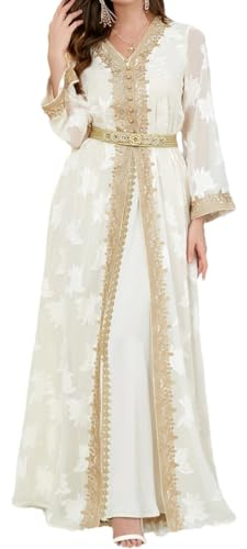Caftano marocchino da donna con ricamo esterno in chiffon Abaya con cintura 2 pezzi abiti da sera arabi musulmani Ramadan abiti da sera abiti da sposa, Set bianco., L