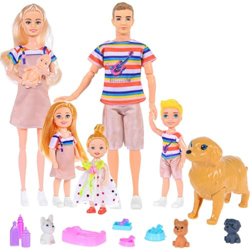 Familie Puppen Set von 6 Personen mit Puppenhaus Hund Haustiere und Zubehör enthalten 11.5 Zoll Schwangere Mama, Papa, 3 Kinder und EIN Baby in Mamas Bauch für 3-12 Jahre Kleinkinder Geschenk