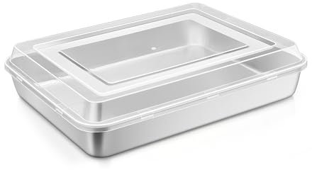 Joyfair Teglia da forno per forno, teglia rettangolare in acciaio inossidabile con coperchio in plastica, grande foglio per arrosto per brownie, lasagne, flapjack, finitura spazzolata e facile da