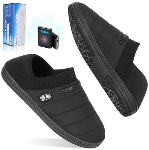 Chaussons Chauffants, Electrique Chauffe Pied Chausson Chauffant Hiver Double Interrupteur Pantoufles Chauffantes avec Batterie 5000mAh Hommes Femmes Intérieur/ Extérieur, Noir Foncé, L(42.5-45.5)