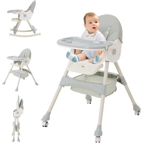 3in1 Hochstuhl Baby mit liegefunktion Hochstuhl, Höhenverstellbar Verstellbare Rückenlehne Klappbar，Kinderhochstuhl mit Tablett und Rollen,Mitwachsend ab 0 Monate bis 6 Jahre Babystuhl,Grün