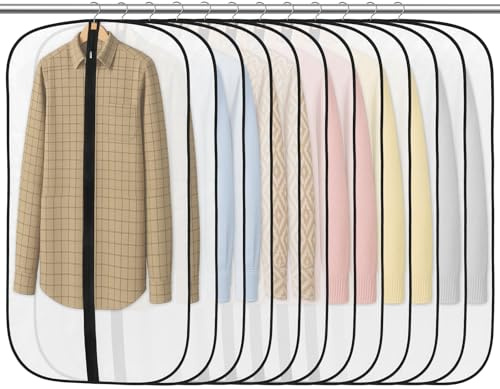 12 Pack Garment Bags 60 * 100cm, PEVA Translucent Garment Covers, 40inch Suit Storage Bags, Dress Organizer Bags Used To Protect Shirts, Winter Coats, Jackets, Evening Dresses and Other Garments