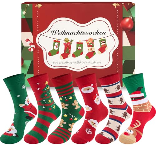 SukModen Julstrumpor kvinnor män 6 par 37–46, roliga strumpor jul unisex med julmotiv, julklappspresenter, Klassisk röd-grön, 37-46