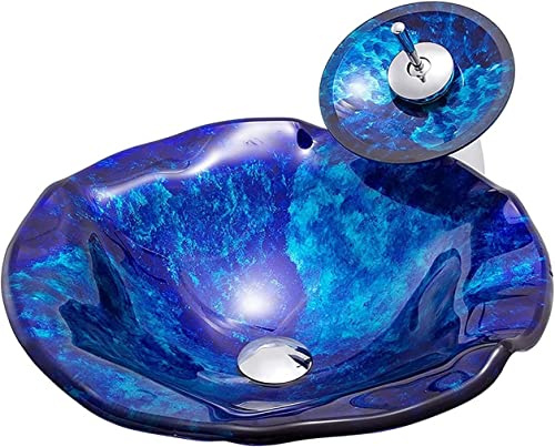 Lavabo De Baño con Diseño De Hoja De Loto, De Vidrio Templado Azul, para Encimera. Lavabo Moderno sobre Encimera, Estilo Artístico, 47 X 11 Cm.