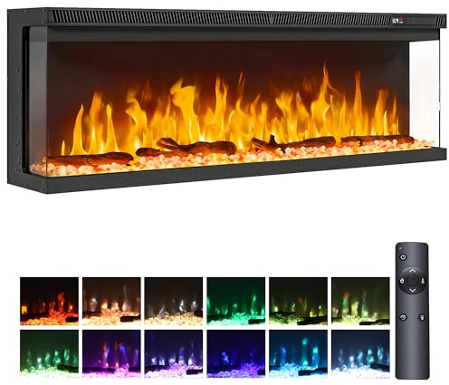 TAUS 50/127cm 3 Sided View Electric Fireplace, Media Wall Inset Fireplace with Logs Freestanding or Recessed, Electric Fire with 12 Colour Flame Effect Remote Control & Real Logs, 900W/1800W