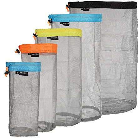 Yundxi Ultralight Ultra Stuff Sacks Set Mesh Drawstring Storage Bags Set for Travelling Camping Hiking (Set of 5 Pieces)