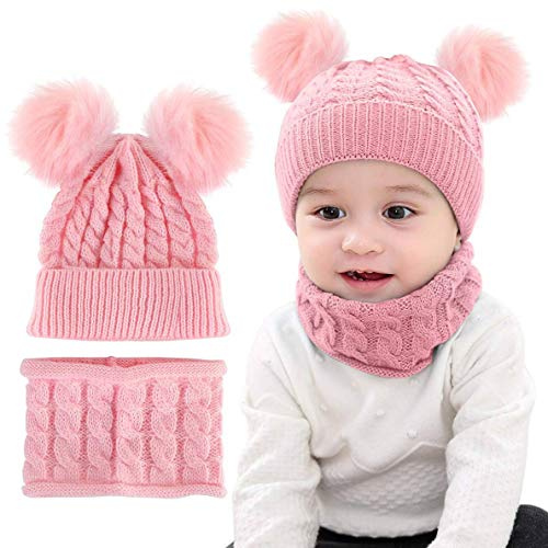 CheChury Niños Sombrero y Bufanda Conjunto Unisex Niños Niñas Invierno Bebe Gorros con Pompon Y Bufanda de Punto Cuello Redondo para 0-24 Meses Niña Niño