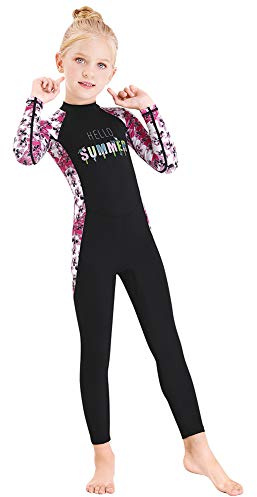 Full Body Kids Swimsuit One Piece Rash Guard Long Sleeve Wetsuit Skin for Girls Boys Children, Sunsuit Swimwear UPF 50+ UV Sun Protection Quick Dry for Beach Water Sports (Flower-Black, XL)