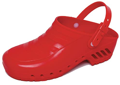 Gima - Zoccoli Professionali con Laccetto Reclinabile e Regolabile, Anatomici, Unisex, Antiscivolo, Antistatici, Tomaia Non Forata, Suola Forata, Colore Rosso, Misura 39 EU, 1 Paio