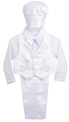 Lito Angels Traje de Bautizo 5 Piezas para Bebé Niño, Blanco | Conjunto de 5 piezas, Camisa de manga larga, Chaleco bordado, Pantalón, gorro y pajarita, Bautizo y ceremonia