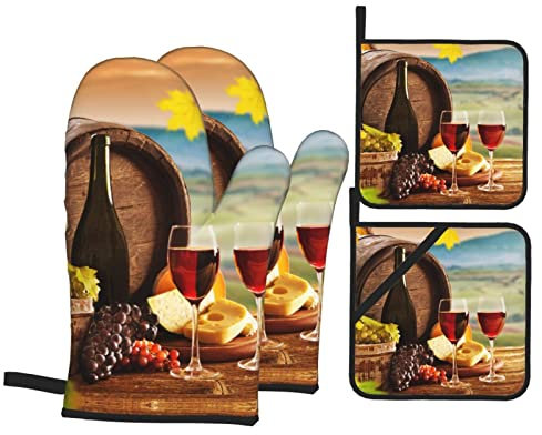 Ofenhandschuhe und Topflappen, Kochhandschuhe, Backhandschuhe, Wein-Design, hitzebeständig, für Küche, Kochen, Backen, Grillen, 4 Stück