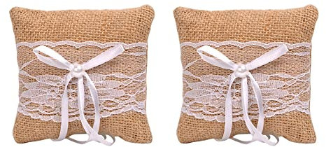JIHUOO 2 Stück Sackleinen Ehering Kissen Spitze Blumen Ringkissen Hochzeit Ring Träger Kissen Ehering Display Halter Kissen für Hochzeit