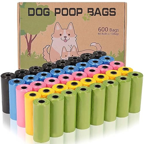 AiTodos® 600 Stück Hundekotbeutel, 5 Farben, Geeignet zum Ausgehen, Hundekotbeutel, 30 x 21,5 cm, Polyethylen-Material, Tragbar, Schwarz, Blau, Rosa, Gelb, Grün (40 Rollen, 15 Stück pro Rolle)