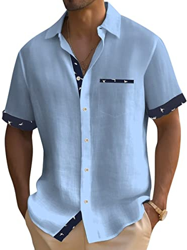 Onsoyours Chemise Homme à Carreaux Manche Courte Coton Lin avec Poche Poitrine Chemise Décontractée Classique Chemisette Homme Lin Chemise Bouton Homme Blouse C Bleu XL