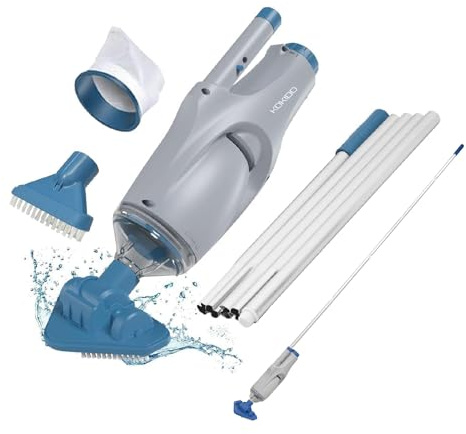 KOKIDO Cordless Handheld Pool Vacuum for Above Ground Pool, with 6ft Pole and 2 Vac Brush Heads, Ideal for Spot Cleaning Small Inground Pool Spa up to 20ft, Rechargeable, 60min, Sand and Light Debris
