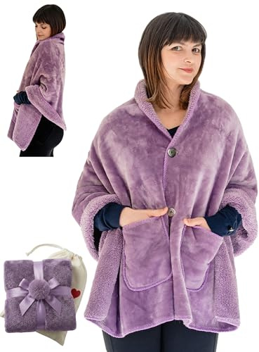 Original Premium Double Layer Poncho Blanket, No Sleeves, Sherpa (Purple)