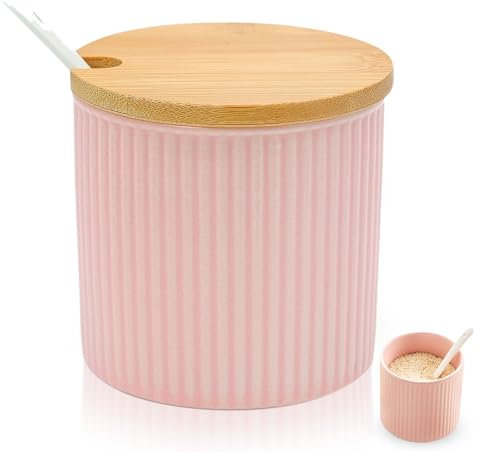 TULEBOLIAN Keramik Zuckerdose,Gewürzdosen,mit Holzdeckel und Porzellanlöffel,300ml,Marmeladendose,für Küche Esszimmer Café,für Zucker, Käse, Gewürze
